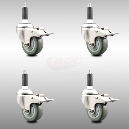 Service Caster 3 Inch 316SS Gray Poly Swivel 7/8 Inch Expanding Stem Caster Set Lock Brake SCC-SS316TTLEX20S314-PPUB-78-4